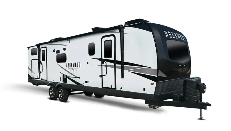 Side profile view of the Forest River RV Rockwood Ultra Lite travel trailer