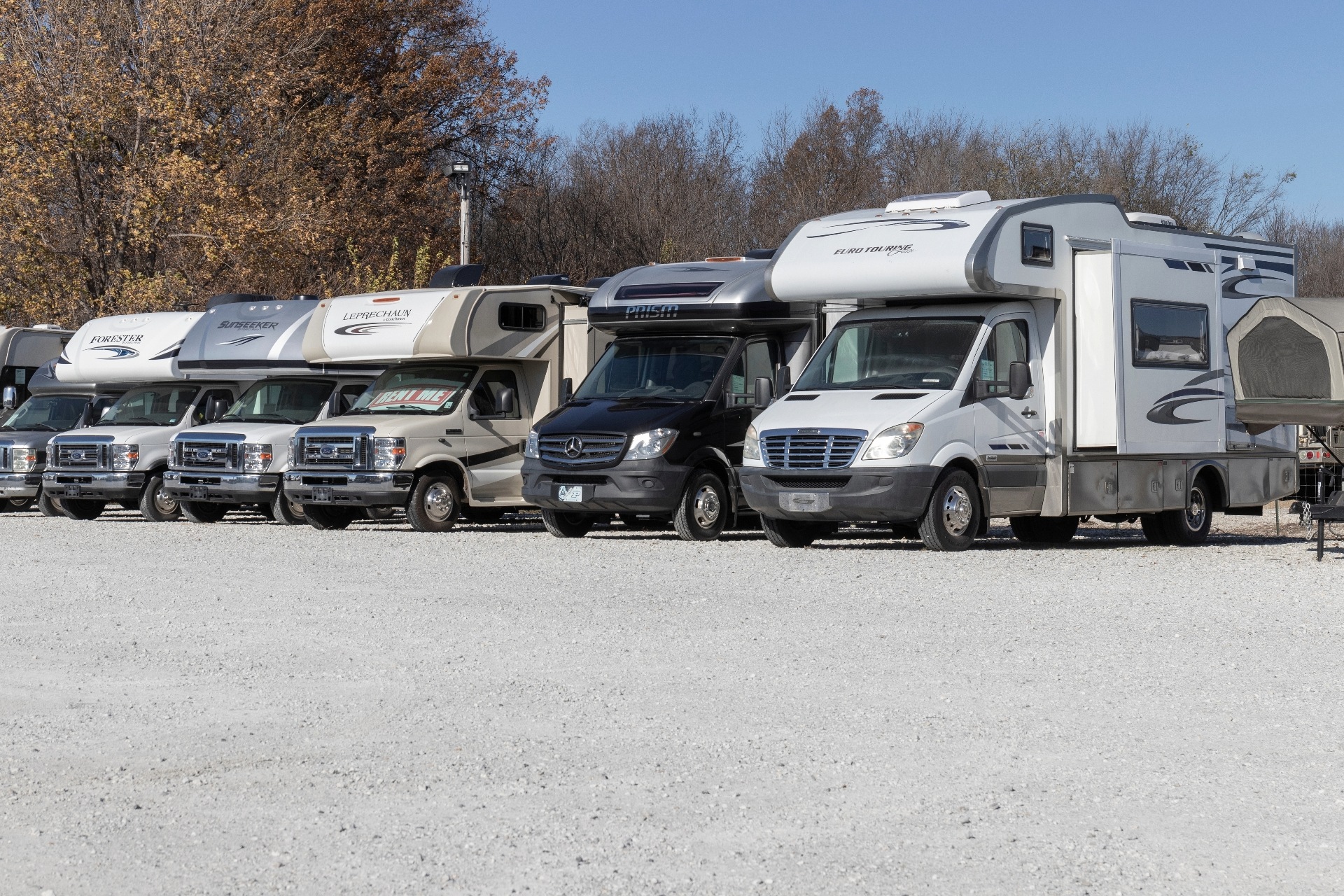  A row of RVs parked at a dealership.