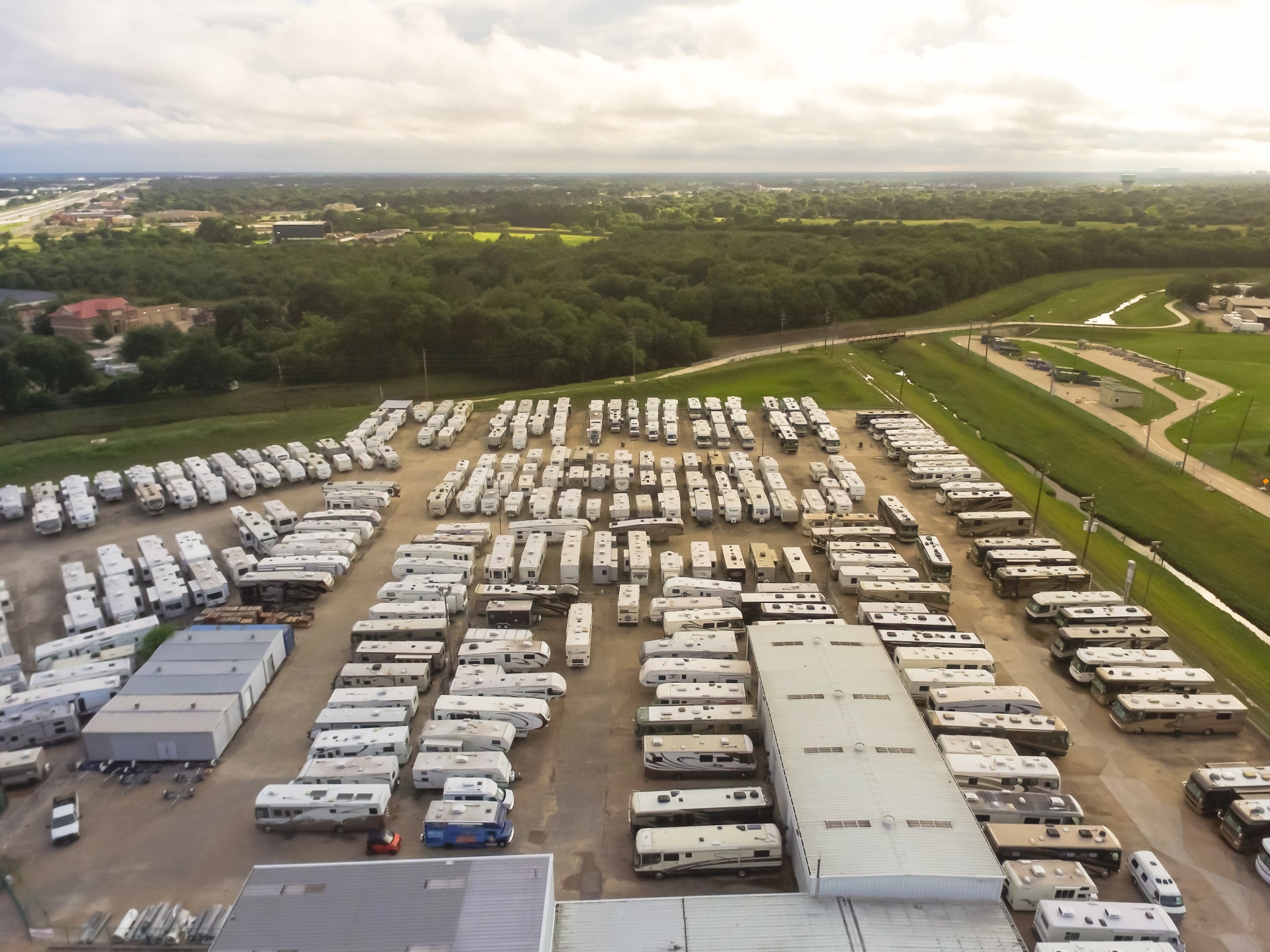 An aerial view of an RV dealership.